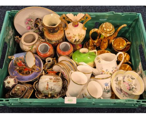 Crate of collectables; Noritake Vase, Royal Doulton unusual shaped jug, Noritake gilt coffee set, Royal Worcester coffee cans