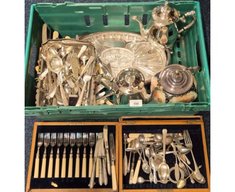 Crate of silver plated wares; Carlton Ware biscuit barrel, Loose flatwares and odds.