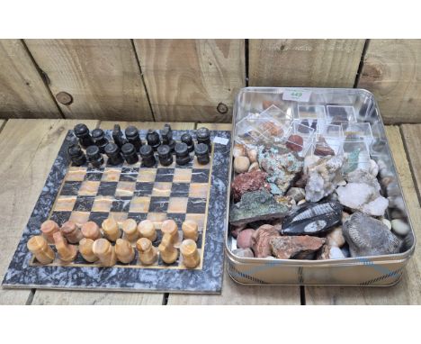 Collection of Geode rocks, fossils and gem stones. Together with marble Chess Set with board.
