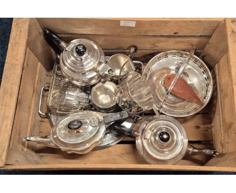 Wooden crate of silver plated items; Swing handle basket, tea service, serving tray and other items.