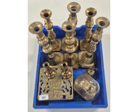 Crate of collectables; Three pairs of Brass Candle Sticks with pushes, Brass Trivet &amp; other items.
