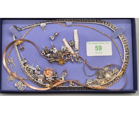 A Collection of silver jewellery; Various pairs of silver and gem stone earrings- opal, emerald and ruby gem stones. Greek ke
