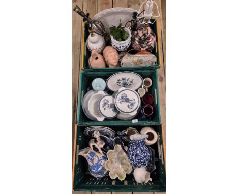 Three crates of collectables;to include Portmerion water garden Milk jug,table lamps,Masons ironstone water jugs,blue and whi