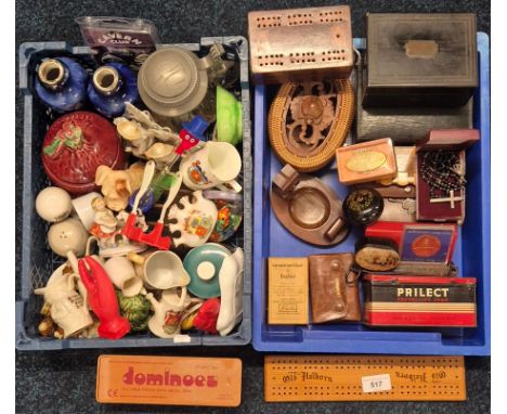 Two Crates of collectables; Treen wares, Dippy Bird, Dominoes, Pair London silver rimmed vases, The Cavern Club Liverpool The
