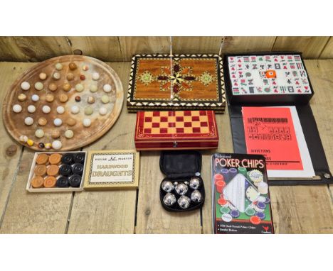 Selection of vintage games; Solitaire marble game, Mahjong and others.