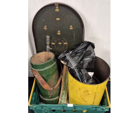 Crate of collectables; Bagatelle, Military ammo carrier, Shell oil can made into a Still, glass funnel and Millard Brothers S