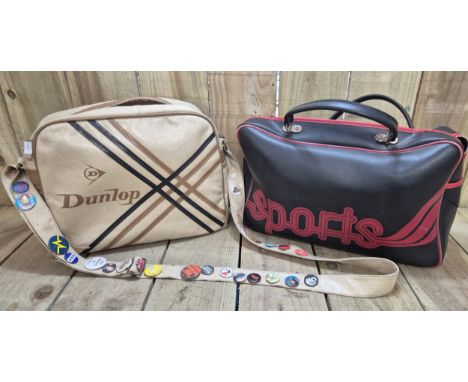 Two vintage satchel bags; Dunlop satchel with various button badges and vintage Sports bag. 