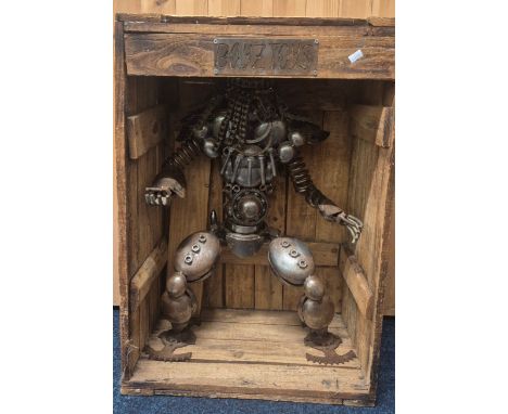 Large arts &amp; Crafts steel work Predator sculpture in Display box. Plaque fitted "Boyz toys". 61cm height.
