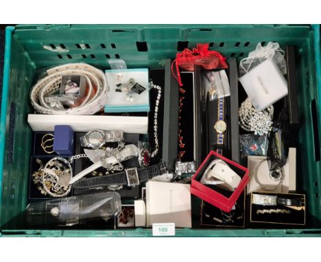 Two crates of mixed loose and boxed costume jewellery; Watches, necklaces, brooches and other collectables.
