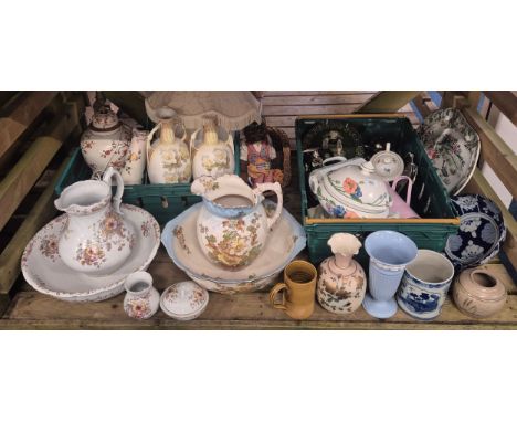 Shelf containing a large quantity of collectables; Antique doll, Antique wash bowls and jugs, Chinese blue and white large mu
