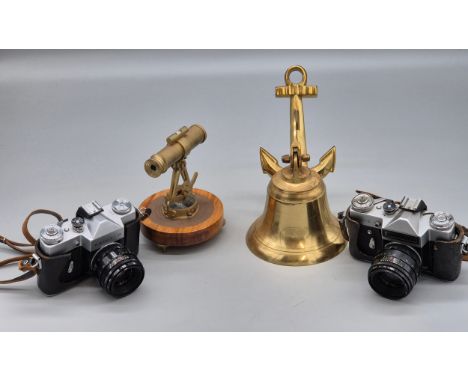 Crate of Collectables; Zenit B &amp; E Cameras , Nautical brass bell &amp; Vintage Surveyors Desk scope.
