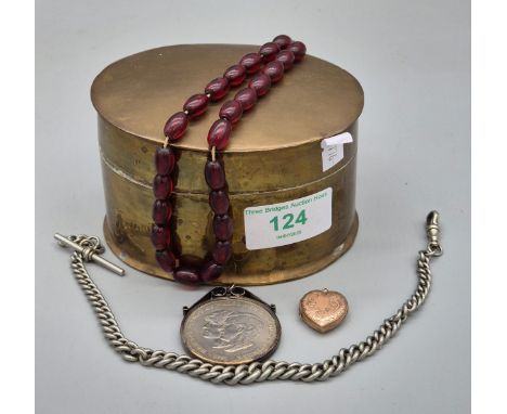 Brass trinket box and contents; Vintage Cherry amber necklace, Silver pendant and crown. 9ct front and back locket and silver
