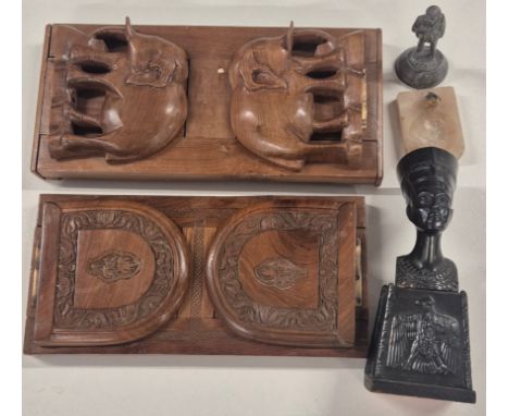 Selection of collectables; Carved African bookends, elephant bookends, Bronzed spelter Nefertiti bust and pewter soldier figu