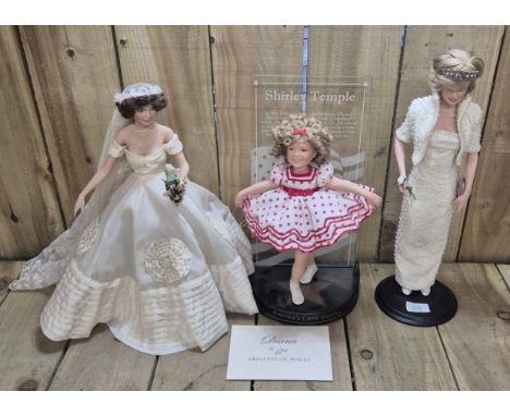 Three various dolls; Limited edition bride porcelain figure, Shirley Temple Figure with stand, Diana Figure.