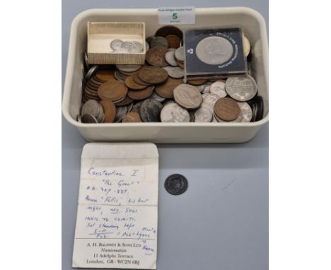 Collection of mixed coins; Small selection of silver three pences, Constantine I "The Great" Bronze Follis coin and various B