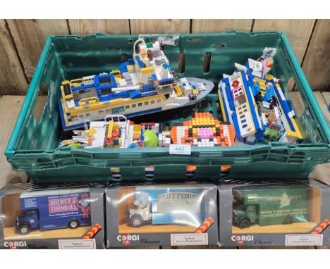 Crate of Lego &amp; Corgi models; Large Lego Ship model &amp; Three Corgi models. 