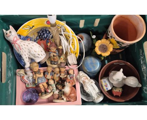 Crate of collectable odds; Griselda Hill Wemyss ware Bovey Cat figure, Hummel Figurines, Terracotta preserve pot, Studio pott