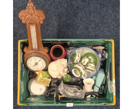 Crate of collectables; Art deco Bakelite telephone, Oak Barometers, West German Red glaze vase, Wooden carved elephant figure