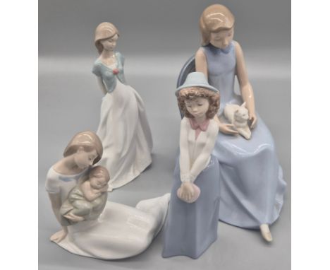 Collection of Four Spanish porcelain Nao Figurines; Large girl sitting with cat, mother and baby and two Nao girls.
