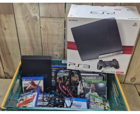 Crate containing Playstation two console &amp; various ps2,3,4 &amp; Xbox games