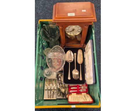 Crate of collectables; Mantel clock, Crystal and various E.P ware.