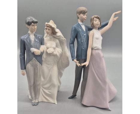 Two Large Nao by Lladro figurines; Bride and Groom and couple figurines. 
