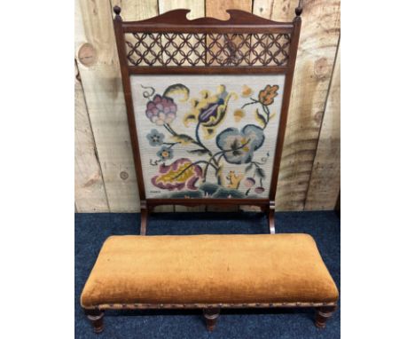 19th Century praying stool produced by P.E. GANE of Bristol. Together with Tapestry fire screen. 83cm tapestry height, 16x72x
