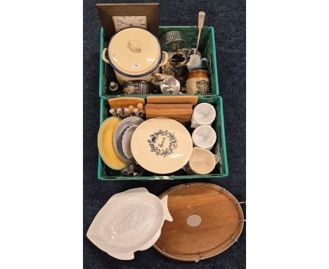 Two crates of collectable kitchenalia; Oak and silver plate serving tray, Vintage enamel Bread Bin with lid, Harrods Display 