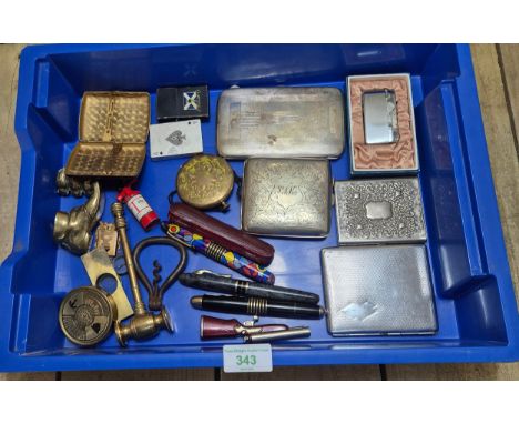 Small crates containing collectables; Plated cigarette cases, collectors pens, lighters and various brass items. Miniature Vi