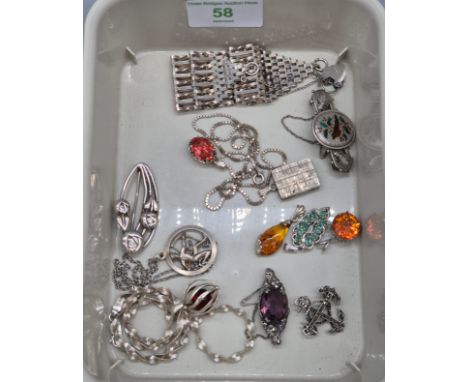 Selection of silver jewellery; Gate bracelet with heart lock. Rennie Mackintosh brooch. Victorian white metal and enamel robi