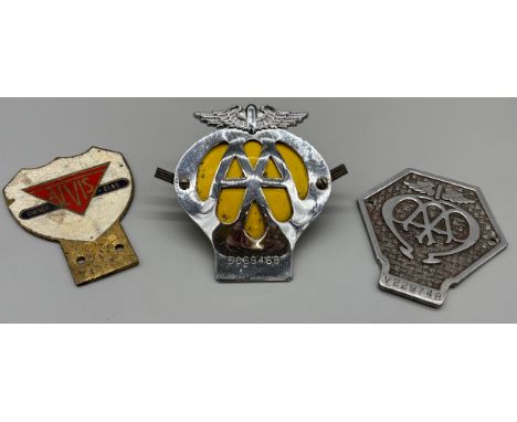 Three various car badges; two AA badges and Alvis owner club badge. 