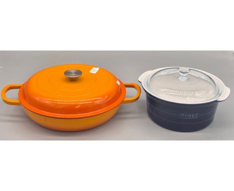 Two Vintage Kitchen pots; French Cast metal double handled Pot together with Pyrex Casserole Dish with lid 