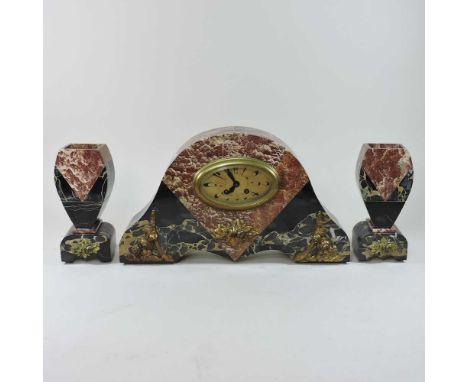A French Art Deco coloured marble three piece clock garniture26cm high