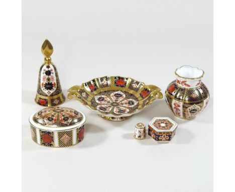 A Royal Crown Derby 'Old Imari' pattern bonbon dish, together with five other Royal Crown Derby items, to include a bell, 12c