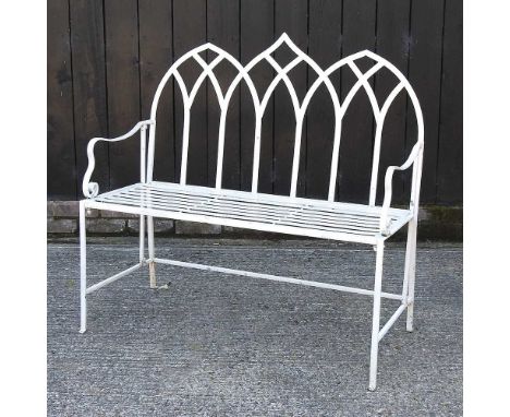 A white painted metal gothic style folding garden bench104w x 44d x 100h cm