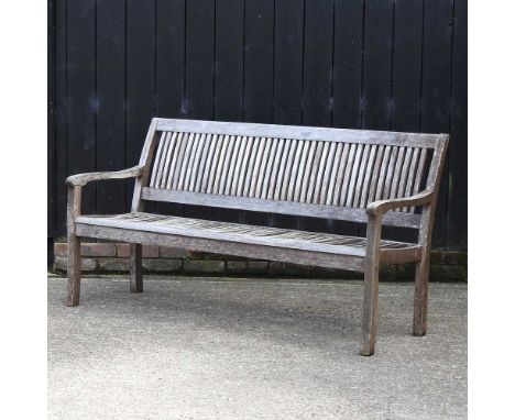 A hardwood slatted garden bench, on square legs159w x 62d x 84h cm