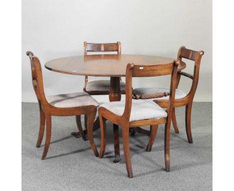 A set of four Regency style yew wood dining chairs, with ropetwist backs, together with a Regency style yew wood single pedes