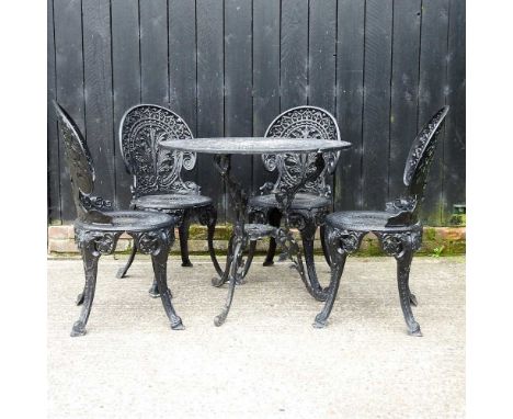 A black metal painted garden table, 82w x 91h cm, together with four matching chairs (5)