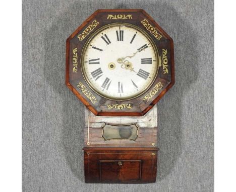 A 19th century mahogany and cut brass inlaid drop dial wall clock, having an eight day movement, the painted wooden dial with