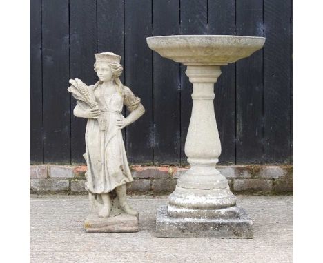 A reconstituted stone bird bath, on a pedestal base, together with a garden figure (2)Bird bath 52w x 52d x 84h cm