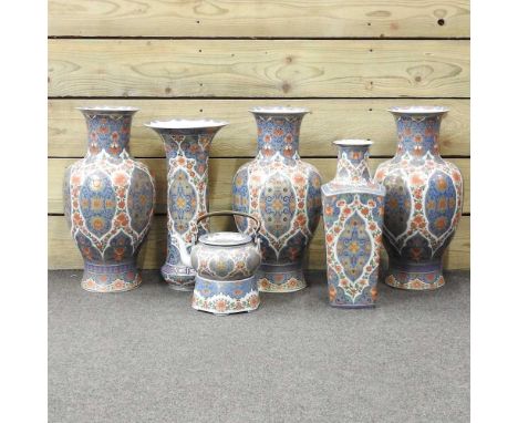 A pair of large Kaiser Wuhan pattern porcelain vases, of baluster form, together with three other vases and a teapot on stand
