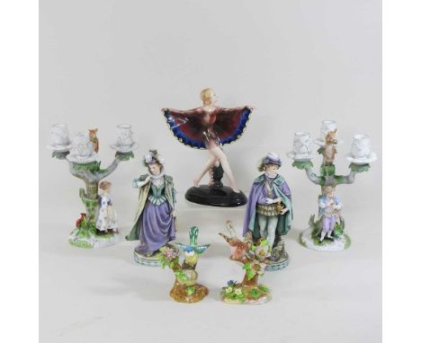 Two Crown Staffordshire porcelain bird groups, each modelled by J T Jones, 12 and 10cm high, together with a pair of early 20