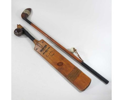 A cricket bat, signed by Len Hutton, together with a wooden golf club (2)Cricket bat 81 cm