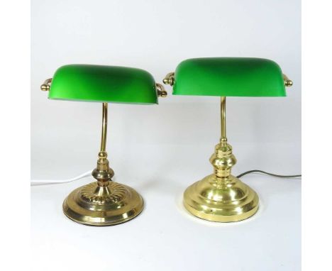 An early 20th century style brass desk lamp, with a green glass shade, together with another similar (2)Highest 35cm