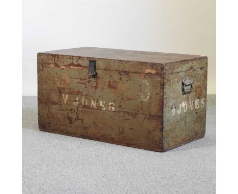 A 19th century green painted teak trunk, bearing the name V Jones91w x 48d x 49h cm