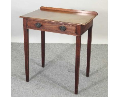 A 19th century mahogany side table, with a gallery back and dummy drawer, on square tapered legs72w x 48d x 95h cmCondition r