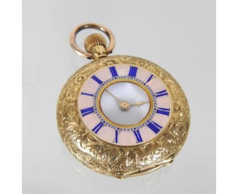 An early 20th century 18 carat gold half hunter ladies pocket watch, the white enamel dial with Roman hours, having a finely 
