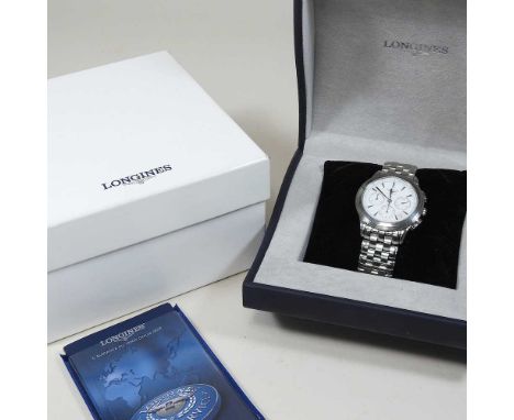 A modern Longines automatic steel cased chronograph wristwatch, the white signed dial with baton hours, on a bracelet strap, 