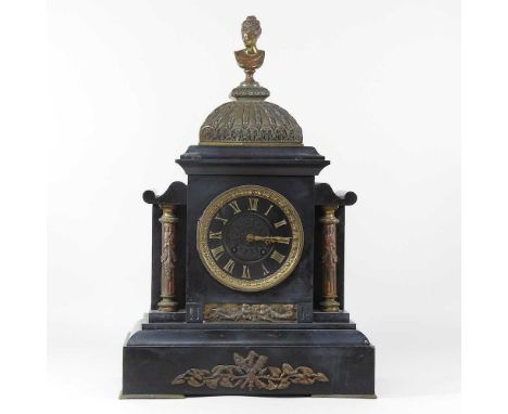 A 19th century continental slate and brass mounted mantel clock, surmounted by a bust of a lady, 54cm high