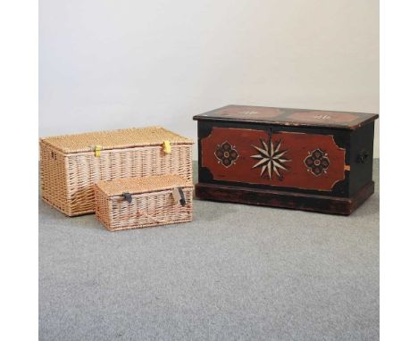 A Victorian polychrome painted pine trunk, together with a wicker basket, and another smaller (3)Trunk 85w x 45d x 45h cmCond